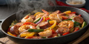Creveți cajun și cârnați cu legume la multicookerul Combi 11în1