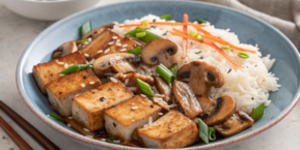 Tofu Teriyaki cu orez alb aromatizat cu ghimbir și ciuperci la multicookerul Foodi MAX 14 în 1