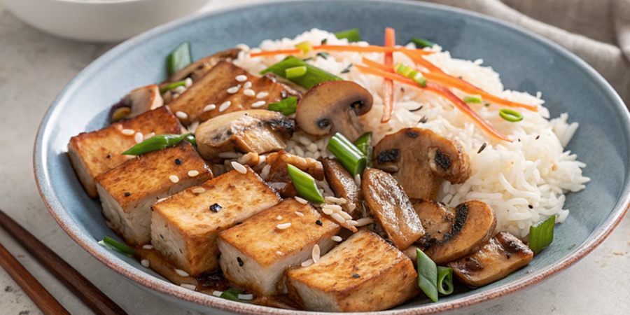 Tofu Teriyaki cu orez alb aromatizat cu ghimbir și ciuperci la multicookerul Foodi MAX 14 în 1